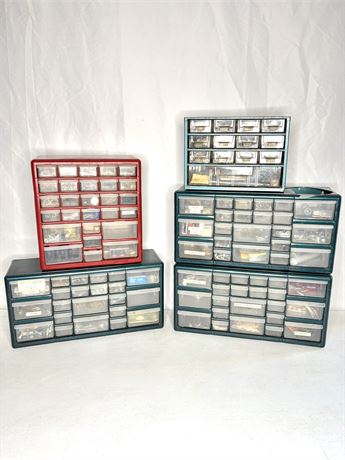 Lot of 5 Storage Organizer Bins Full of Hardware, Screws, Nuts, Bolts, Nails