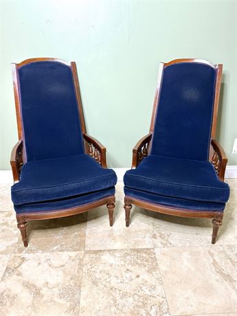 Set of 2 Vintage Blue Velvet High Back Victorian Hardwood Chairs w/ Spindle Arms