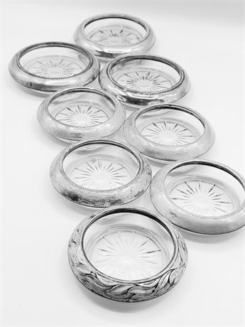 Set of (8) Assorted Sterling Silver & Glass Coasters