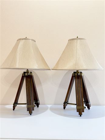 HAMPTON BAY ~ Pair (2) ~ Tripod Telescoping Wood & Brass Adjustable Table Lamps
