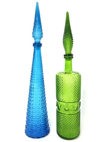 Italian Empoli Blue and Green Genie Bottle Glass Decanters