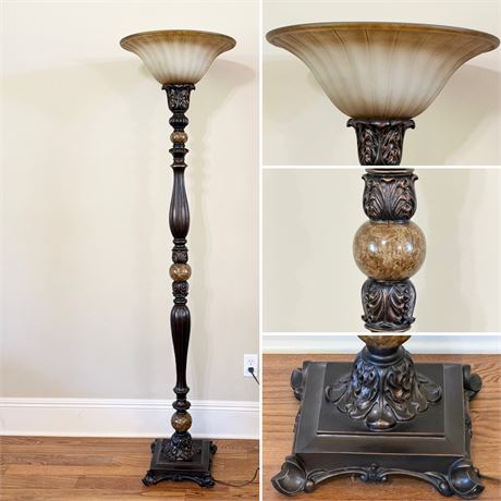 72” Bronze Torchiere Floor Lamp With Glass Lampshade