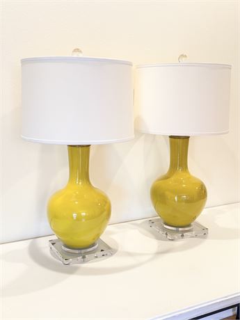 Pair (2) Mustard Ceramic Table Lamps on Acrylic Base