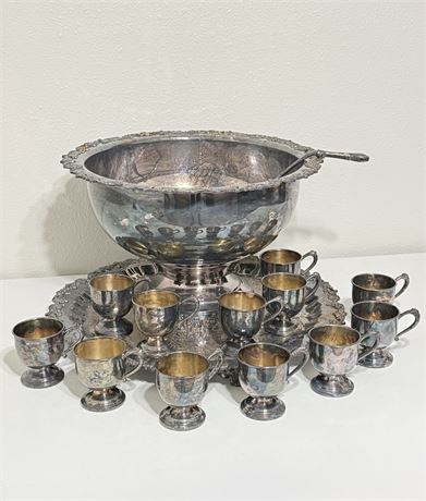 15Pcs Silver On Copper Punch Bowl, Tray, Ladle, & 12 Cups