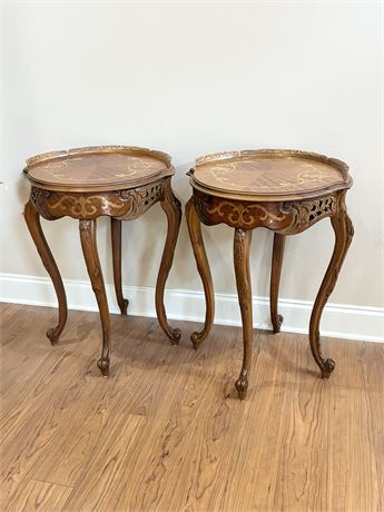 Pair (2) of Vtg Solid Wood French Louis XV Style Marquetry Side Tables