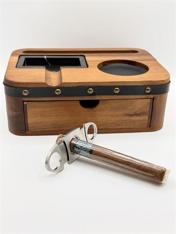 WINE ENTHUSIAST ~ Barrel-Inspired Acacia Wood Personal Whiskey and Cigar Station