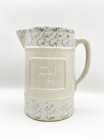 Blue & White Spongeware "Good Luck" Swastika Stoneware Pitcher