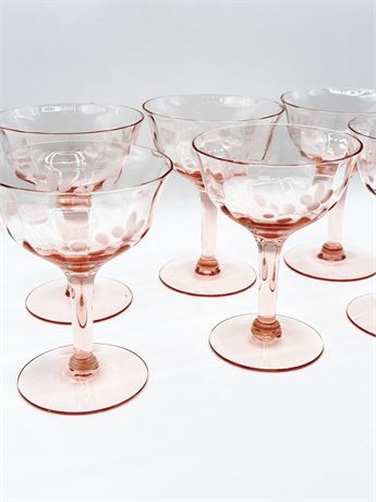 6 Pink Depression Etched Floral Glasses