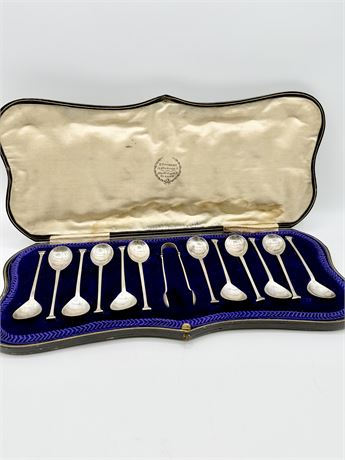 ??Sterling?? Vtg. Cased Set Of Teaspoons & Sugar Tongs