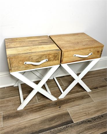 Set of 2 Rustic Wood Top Nightstands with Metal Bases