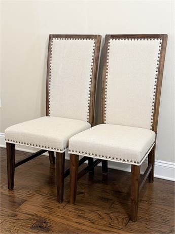 Pair (2) ~ High Back Upholstered Parson Chairs With Nailhead Trim