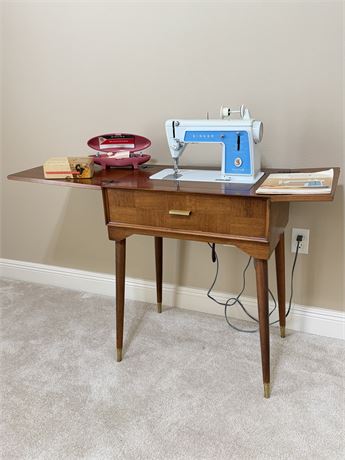 SINGER ~ MCM Solid Wood Sewing Cabinet With Touch & Sew Sewing Machine