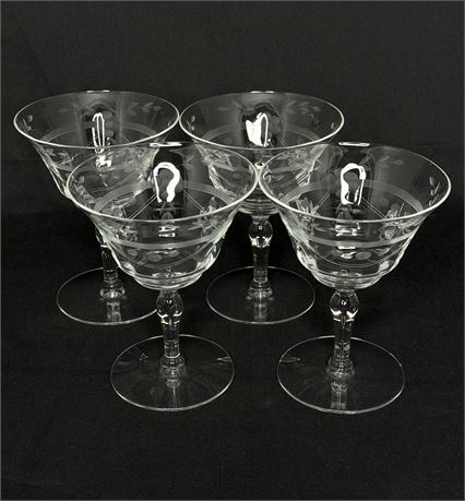 Set of 4 Vintage Floral Etched Wine Glasses
