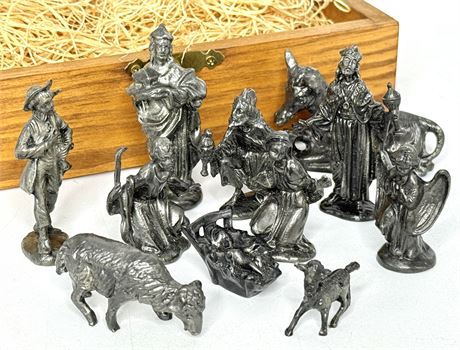 Miniature Pewter Nativity Scene with Solid Wood Storage Box
