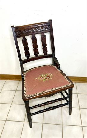 Antique Hand Carved Solid Wood Chair With Needlepoint Cushion