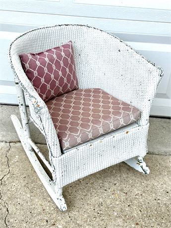 Antique White Wicker Child’s Rocking Chair with Cushions