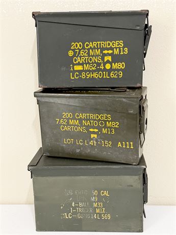 Vtg. US Military Metal Ammo Boxes ~ Set Of (3)