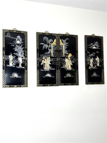 Set of 4 Vintage Asian Black Lacquer Wall Plaques