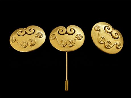 Set of Three VTG Gold-Tone Swirl Design Stick Pin and Clip-on earrings