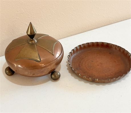 Copper & Brass Covered Dish W/ Hammered Copper Serving Tray