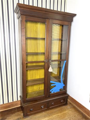 Antique Walnut Curio Cabinet with Skeleton Key - Needs 2 Glass Panes