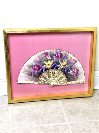 Vintage Hand-Painted Fan in Rectangle Gilded Frame