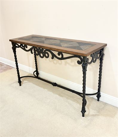 Mediterranean-Style Heavy Metal Console Table W/ Inlaid Slate/Stone Top