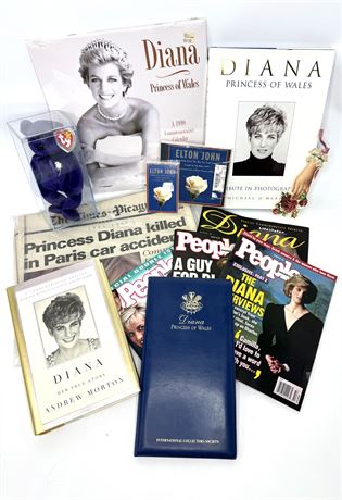 Princess Diana Tribute Lot Including Purple Ty Beanie Baby Bear in Case