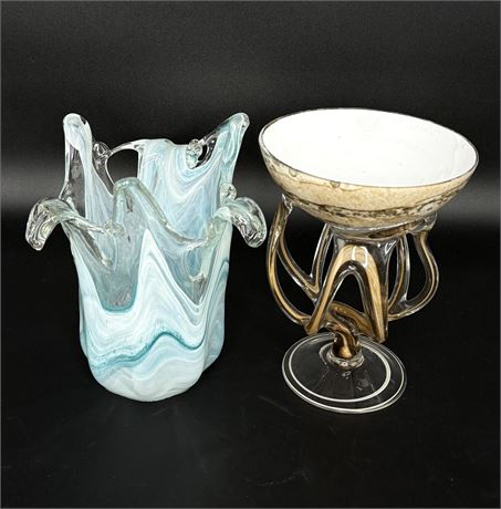 2 Vintage Handblown Glass Pieces - Blue/White Vase and Brown/White Bowl