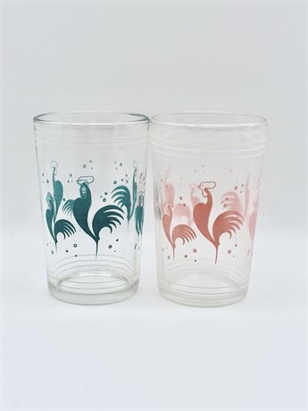 HAZEL-ATLAS ~ Roosters ~ Blue & Pink Juice Glasses ~ 1 Each