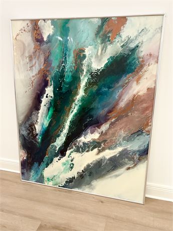 Original Abstract Fluid Art Style Framed Print on Board W/ Resin Coating
