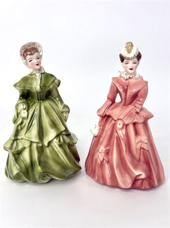 1950's Set of 2 Green and Pink Victorian Inspired Figurines by Florence Ceramics