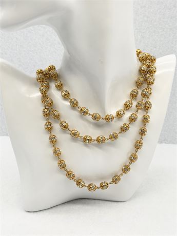 Fashion Gold Toned Necklace With Studded Beads & Clear Gemstones