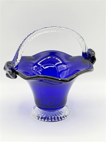 Vtg. Hand Blown Cobalt Blue & Clear Art Glass Ruffled Basket