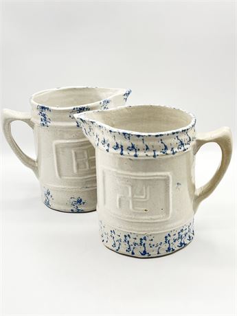 Pair (2) ~ Blue & White Spongeware Stoneware Pitchers