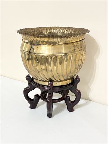 Fluted Brass Jardiniere Planter W/ Asian-Style Carved Wooden Stand