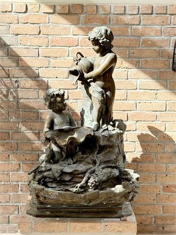 Large 50" Bronze Outdoor Fountain Of Boy & Girl Cherubs