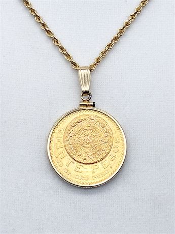 14K GOLD / 585 ~ Mexican 20 Peso 1959 Gold Coin Pendant Necklace