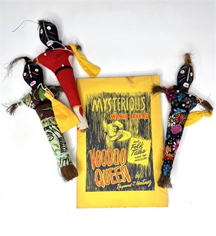 Lot of 3 Vintage Voodoo Dolls and Mysterious Marie Laveau Voodoo Queen Book