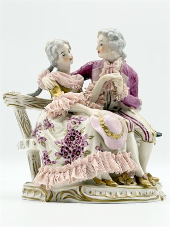 VOLKSTEDT ~ Porcelain Courting Couple With Dresden Lace