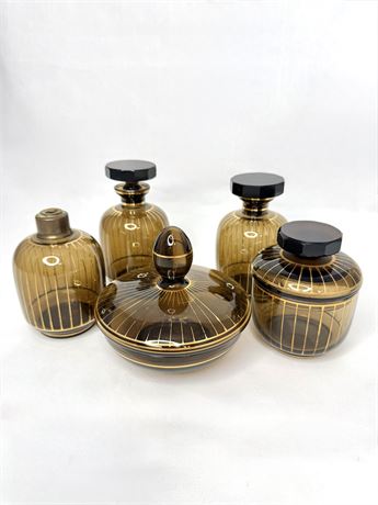 Lot of 5 MCM Amber Glass Decanters and Jars