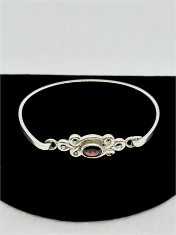 Sterling Silver & Red Gemstone Bracelet With Delicate Scrollwork