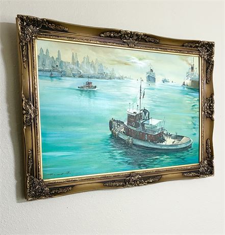 P.C. CHONG ~ Hudson River Tugboat Scene Original Painting