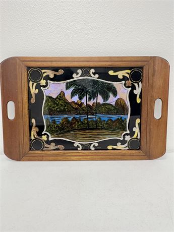 Wood/Glass Rio De Janeiro Serving Tray - Painted and Butterfly Wings