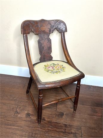 Antique Hand Carved Chair with Needlepoint Cushion