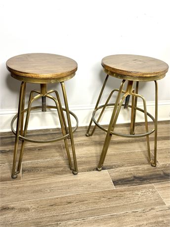 Set of 2 Swivel Top Barstools with Wood and Brass Metal Finish