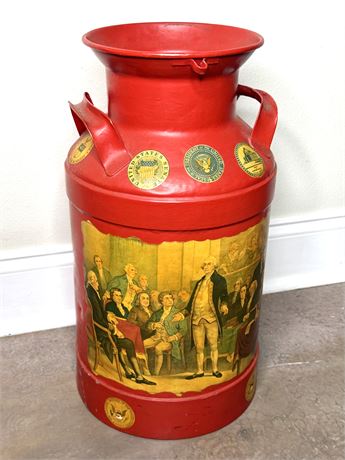 Vintage Red Painted Metal Milk Jug with Presidential Decorations
