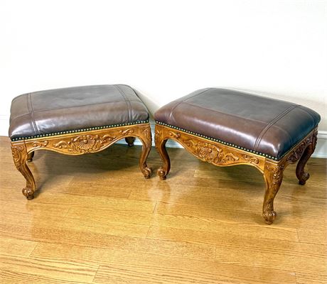 Set of 2 Solid Carved Wood Ottomans