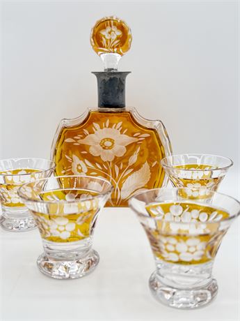 VTG Etched Glass Floral Liqueur Set ~ Set Of (5)