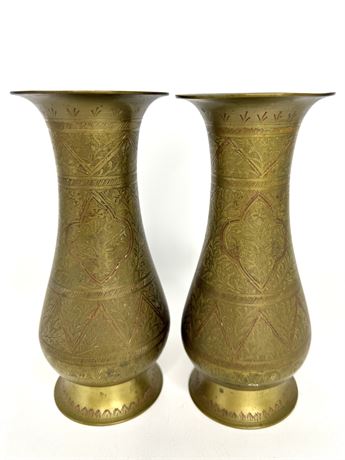 Set of 2 Brass Vases with Red Accents